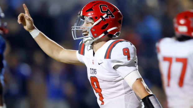 Carl Albert's Kevin Sperry celebrates for Carl Albert during the 2023 Oklahoma high school football season.