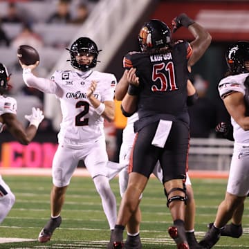 Nov 1, 2025; Salt Lake City, Utah, USA; Cincinnati Bearcats quarterback Brendan Sorsby (2) passes against the Utah Utes during the second half at Rice-Eccles Stadium. Mandatory Credit: Rob Gray-Imagn Images
