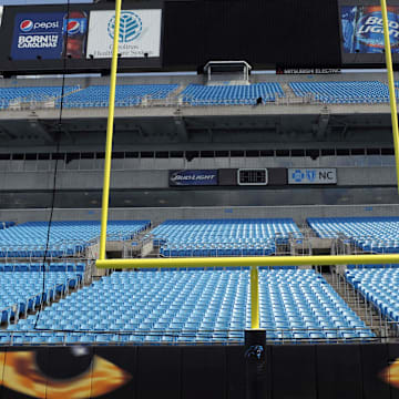 Aug 9, 2013; Charlotte, NC, USA; A general view of the goalposts in the end zone before the game between the Carolina Panthers and the Chicago Bears at Bank of America Stadium.  Mandatory Credit: Sam Sharpe-Imagn Images