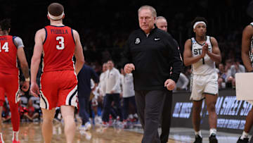 Mar 28, 2025; Atlanta, GA, USA; Michigan State Spartans head coach Tom Izzo in the second half of a South Regional semifinal of the 2025 NCAA tournament against the Mississippi Rebels at State Farm Arena. Mandatory Credit: Brett Davis-Imagn Images
