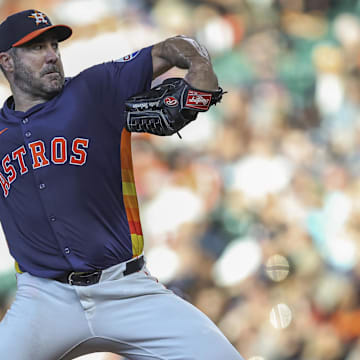 Sep 8, 2024; Houston, Texas, USA; Houston Astros starting pitcher Justin Verlander (35) delivers a pitch during the second inning against the Arizona Diamondbacks at Minute Maid Park.