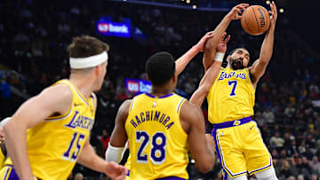 Los Angeles Lakers guard Gabe Vincent (7) plays for the rebound against the Los Angeles Clippers during the first half at Intuit Dome.