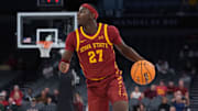 Nov 24, 2025; Las Vegas, Nevada, USA; Iowa State Cyclones guard Killyan Toure (27) dribbles the ball against the St. John's Red Storm in a 2025 Players Era Festival group play game at Michelob Ultra Arena. 