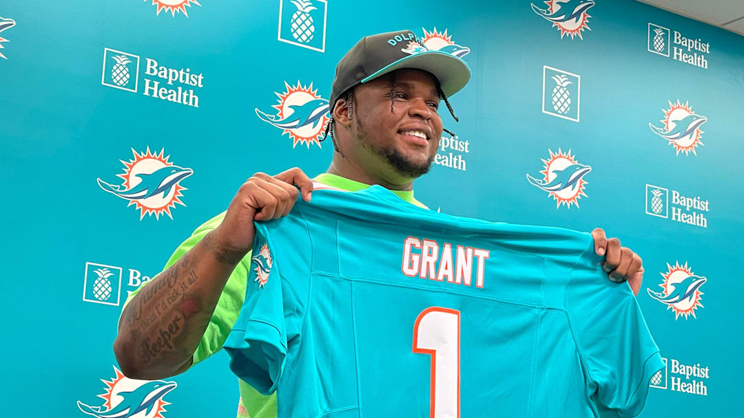 Miami Dolphins first-round pick Kenneth Grant on Friday, April 25, 2025, in Miami Gardens.