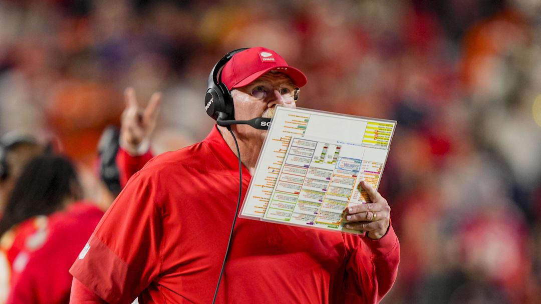 Dec 25, 2025; Kansas City, Missouri, USA; Kansas City Chiefs coach Andy Reid during the fourth quarter at GEHA Field at Arrowhead Stadium. Mandatory Credit: Jay Biggerstaff-Imagn Images
