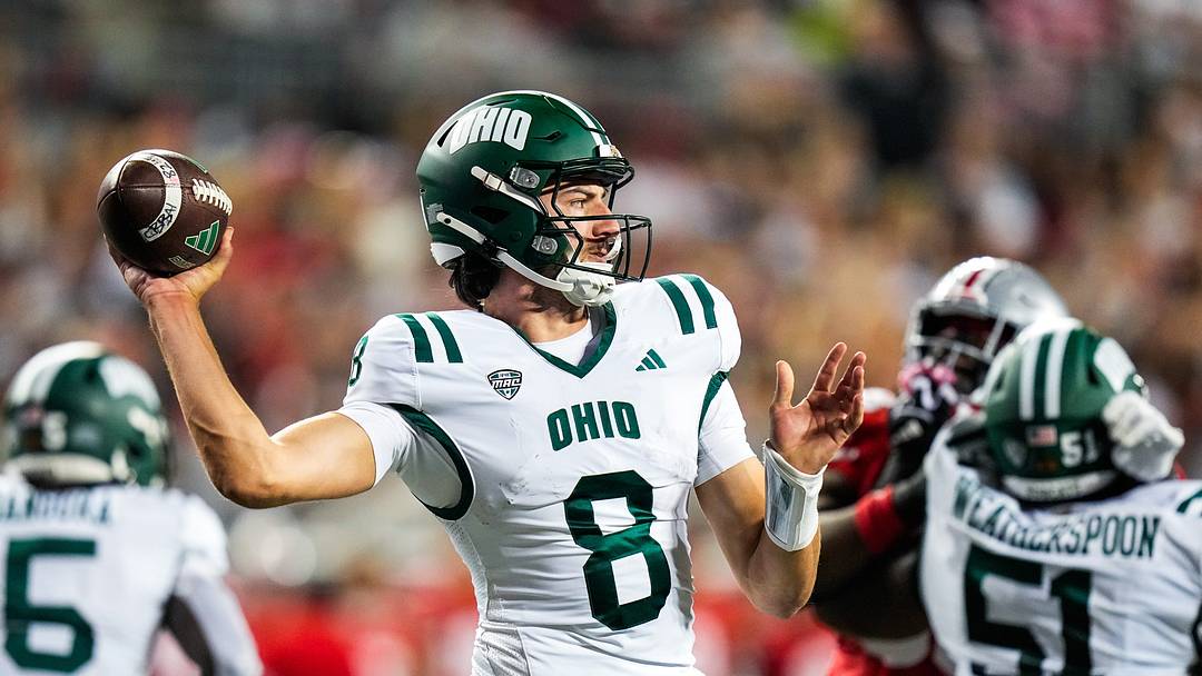Ohio Bobcats QB  Poulos makes a pass in the first half at the Ohio Stadium in 2025. 