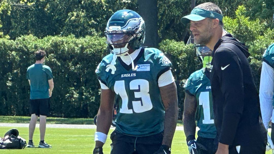 Eagles WR Dontayvion Wicks at Eagles' OTA practice with position coach Aaron Moorehead on June 2, 2026. Eagles WR Dontayvion Wicks at Eagles' OTA practice with position coach Aaron Moorehead on June 2, 2026.