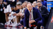 Mar 20, 2025; Denver, CO, USA; Wisconsin Badgers head coach Greg Gard looks on during the second half against the Wisconsin Badgers in the first round of the NCAA Tournament at Ball Arena. Mandatory Credit: Isaiah J. Downing-Imagn Images