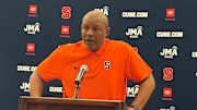 Syracuse men's basketball head coach Adrian Autry answers questions at media day.