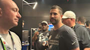 Eagles coach Nick Sirianni smiles outside the locker room at Caesars Superdome after leading the Eagles to a Super Bowl LIX win over the Kansas City Chiefs.
