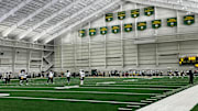 The scene inside the Don Hutson Center for practice on Friday.
