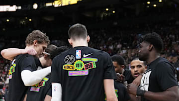 Feb 10, 2023; Toronto, Ontario, CAN; The Utah Jazz players form a huddle during the pregame against