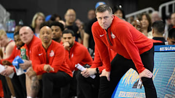 Feb 23, 2025; Los Angeles, California, USA; Ohio State Buckeyes head coach Jake Diebler during the second half agains the UCLA Bruins at Pauley Pavilion presented by Wescom. Mandatory Credit: Robert Hanashiro-Imagn Images