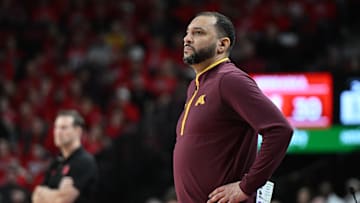 Mar 1, 2025; Lincoln, Nebraska, USA; Minnesota Golden Gophers head coach Ben Johnson watches action against the Nebraska Cornhuskers during the second half at Pinnacle Bank Arena. Mandatory Credit: Steven Branscombe-Imagn Images