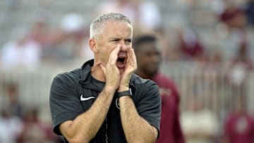 Sep 2, 2024; Tallahassee, Florida, USA; Florida State Seminoles head coach Mike Norvell before the game against the Boston College Eagles at Doak S. Campbell Stadium. Mandatory Credit: Melina Myers-Imagn Images