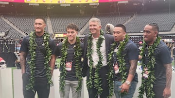 Arizona Wildcats football players (left to right) Tetairoa McMillan, Gunner Maldanado, Coach Brent Brennan, Jacob Manu and Noah Fifita at the Big 12 Conference's Media Day on July 10, 2024.
