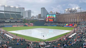 Jun 30, 2023; Baltimore, Maryland, USA; Rain delays the start of the Baltimore Orioles game against the Minnesota Twins at Oriole Park at Camden Yards. Mandatory Credit: Mitch Stringer-USA TODAY Sports
