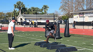 Cardinal Mooney defensive lineman Elijah Golden in individual drills during the Under Armour Next camp on Sunday, Feb. 23 at Bishop Moore High School in Orlando.