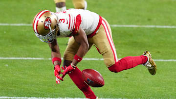 Feb 11, 2024; Paradise, Nevada, USA; San Francisco 49ers wide receiver Ray-Ray McCloud III (3) attempts to recover a muffed punt against the Kansas City Chiefs in the second half in Super Bowl LVIII at Allegiant Stadium. Mandatory Credit: Stephen R. Sylvanie-Imagn Images