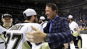 Jun 12, 2016; San Jose, CA, USA; Pittsburgh Penguins center Sidney Crosby (87) hugs Mario Lemieux after defeating the San Jose Sharks in game six of the 2016 Stanley Cup Final at SAP Center at San Jose. Mandatory Credit: Bruce Bennett/Pool Photo via Imagn Images