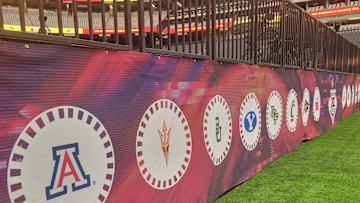 The Big 12 school's logos on display at the Big 12 Conference's Media Day on July 10, 2024.