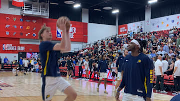 Indiana Pacers forwards Jarace Walker and Johnny Furphy warm up before taking on the Brooklyn Nets in a summer league game on July 12, 2024. (Mandatory photo credit: Tony East)