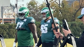 Eagles' offensive linemen Mekhi Becton and Lane Johnson at practice on Oct. 30, 2024