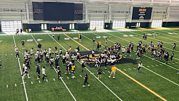 Thursday, March 11, 2025; Columbia, Missouri, USA; The Missouri Tigers begin to huddle up as spring practice comes to a close.