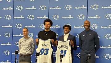 June 27, 2025: Orlando Magic 2025 draft picks Jase Richardson and Noah Penda pose with their jerseys during an introductory press conference.