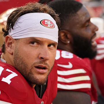 Sep 9, 2024; Santa Clara, California, USA; San Francisco 49ers defensive end Nick Bosa (97) on the sideline during the second quarter against the New York Jets at Levi's Stadium. Mandatory Credit: David Gonzales-Imagn Images