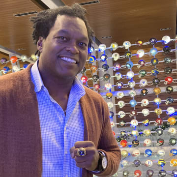 LaVar Arrington is pictured at the College Football Hall of Fame in Atlanta before the 2023 Peach Bowl.