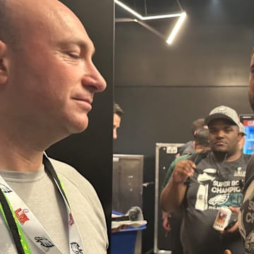 Eagles coach Nick Sirianni smiles outside the locker room at Caesars Superdome after leading the Eagles to a Super Bowl LIX win over the Kansas City Chiefs.