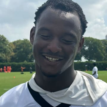 Eagles S Drew Mukuba speaks after practice on Aug. 12, 2025