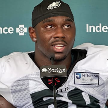 Eagles edge rusher Jalyx Hunt speaks with reporters after a joint practice with the Cleveland Browns on Aug. 13, 2025.