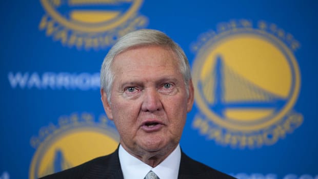 May 24, 2011; San Francisco, CA, USA; Jerry West addresses the media during a press conference after being introduced as a new executive board member for the Golden State Warriors at the St. Regis Hotel. Mandatory Credit: Kyle Terada-USA TODAY Sports