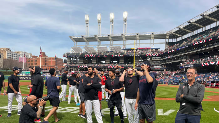 Guardians players watch the eclipse from Progressive Field in Cleveland, Ohio, on April 8, 2024.