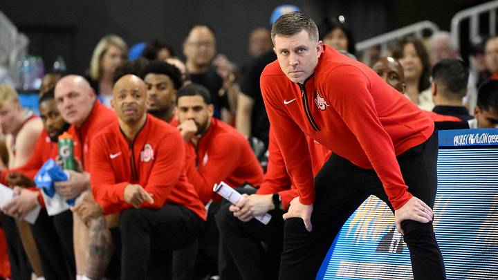 Feb 23, 2025; Los Angeles, California, USA; Ohio State Buckeyes head coach Jake Diebler during the second half agains the UCLA Bruins at Pauley Pavilion presented by Wescom. Mandatory Credit: Robert Hanashiro-Imagn Images