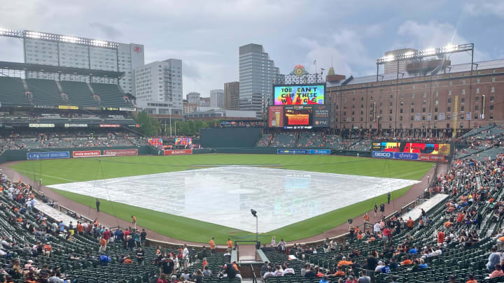 Jun 30, 2023; Baltimore, Maryland, USA; Rain delays the start of the Baltimore Orioles game against the Minnesota Twins at Oriole Park at Camden Yards. Mandatory Credit: Mitch Stringer-USA TODAY Sports