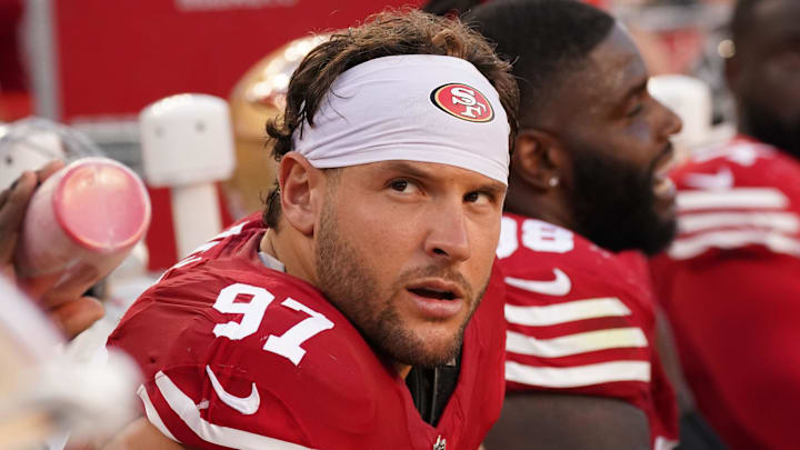 Sep 9, 2024; Santa Clara, California, USA; San Francisco 49ers defensive end Nick Bosa (97) on the sideline during the second quarter against the New York Jets at Levi's Stadium. Mandatory Credit: David Gonzales-Imagn Images