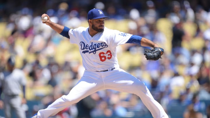 August 4, 2019; Los Angeles, CA, USA; Los Angeles Dodgers relief pitcher Yimi Garcia (63) throws against the San Diego Padres during the fourth inning at Dodger Stadium. Mandatory Credit: Gary A. Vasquez-USA TODAY Sports