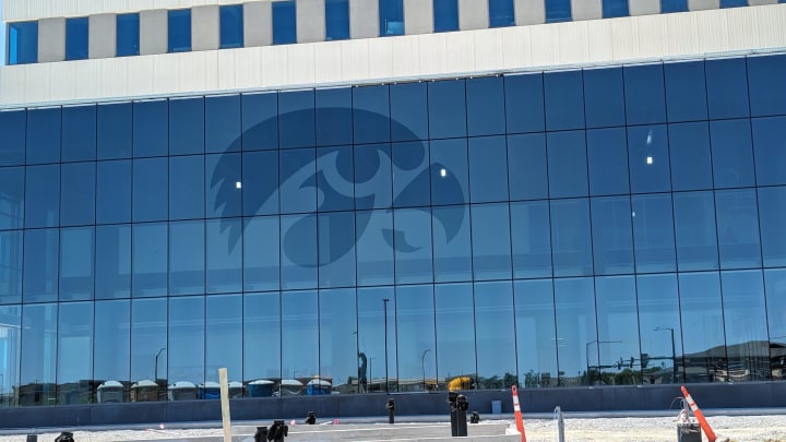 A subtle version of the University of Iowa Hawkeye logo was recently revealed embedded in glass in the physical therapy space at the east end of the new 300,000-square-foot UI Health Care facility under construction in North Liberty.