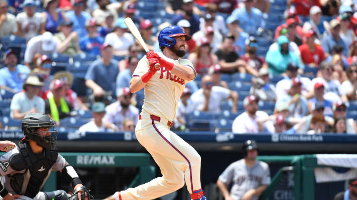 Jun 23, 2024; Philadelphia, Pennsylvania, USA; Philadelphia Phillies outfielder David Dahl (31) hits a two RB single during the sixth inning against the Arizona Diamondbacks at Citizens Bank Park. Mandatory Credit: Eric Hartline-USA TODAY Sports