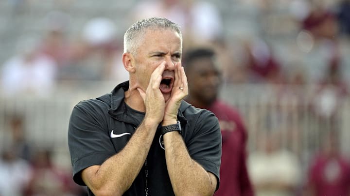 Sep 2, 2024; Tallahassee, Florida, USA; Florida State Seminoles head coach Mike Norvell before the game against the Boston College Eagles at Doak S. Campbell Stadium. Mandatory Credit: Melina Myers-Imagn Images