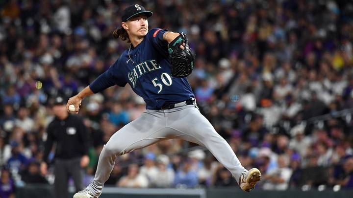 Sep 19, 2026; Denver, Colorado, USA; Seattle Mariners pitcher Bryce Miller (50) pitches in the sixth inning against the Colorado Rockies at Coors Field. Mandatory Credit: Christopher Hanewinckel-Imagn Images