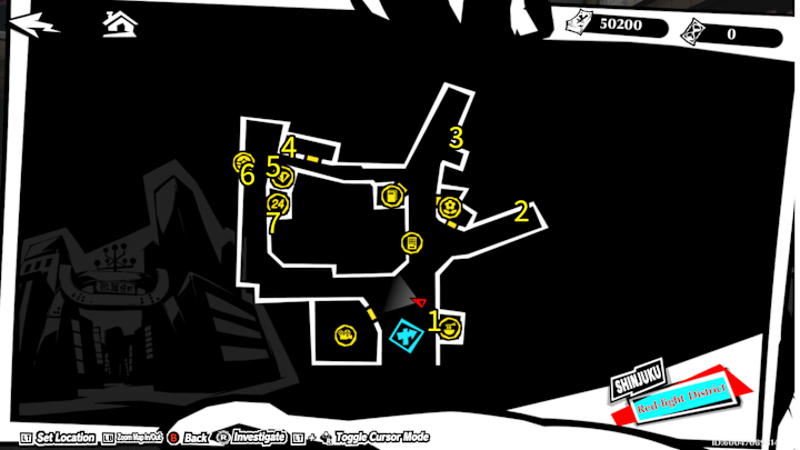 A map of Shinjuku with the locations of Tabby's Treasure marked.