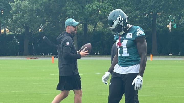 A.J. Brown gets ready to run a drlll during the Philadelphia Eagles mandatory minicamp in early June.