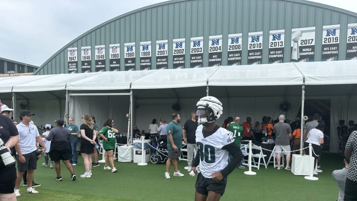 Eagles rookie Quinyon Mitchell takes the field for practice during training camp.