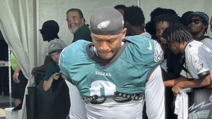 Eagles WR DeVonta Smith arrives at practice on Aug. 11, 2024