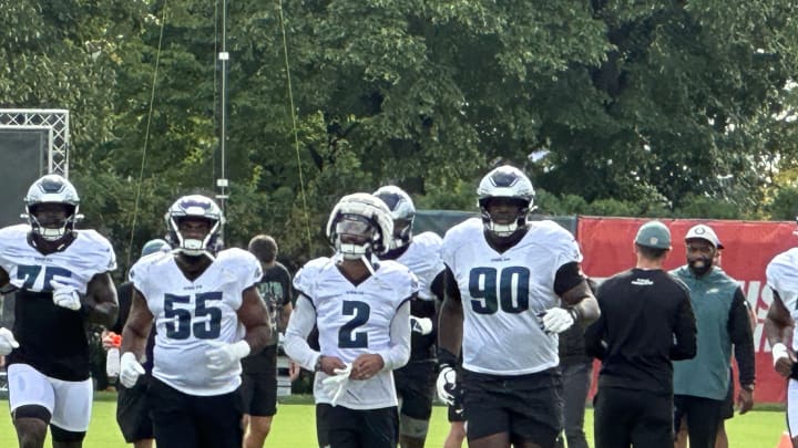 Eagles defenders from left to right: Tarron Jackson, Brandon Graham, Darius Slay, and Jordan Davis