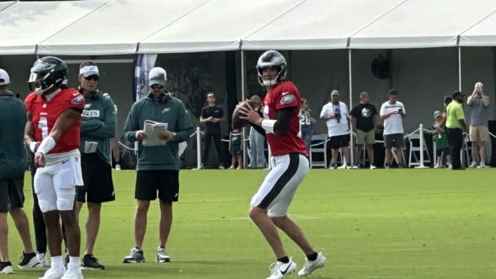 Eagles QB Tanner McKee at practice on Aug. 18, 2024